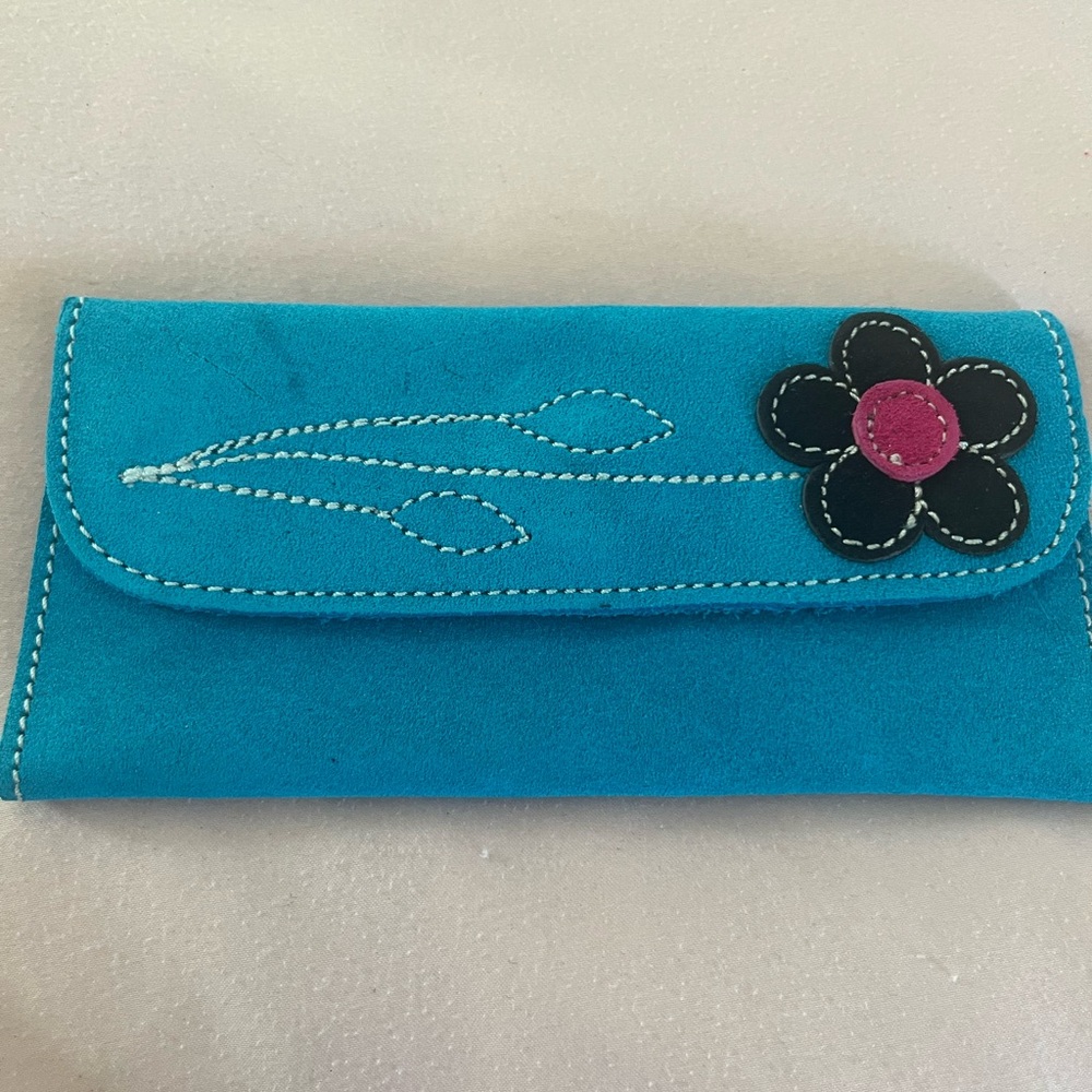 Aqua Blue Suede Floral Women's Wallet - made in Mexico by Mexican Artisans